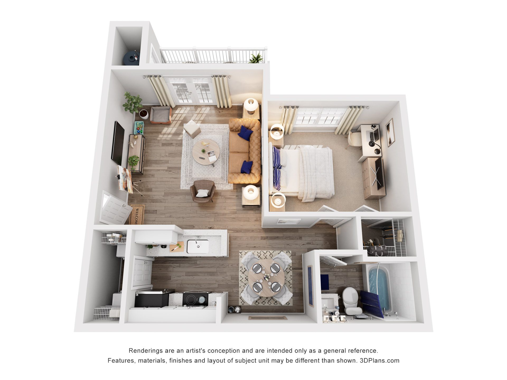 Floor plan for 1 bed, 1 bath, 771 sqft